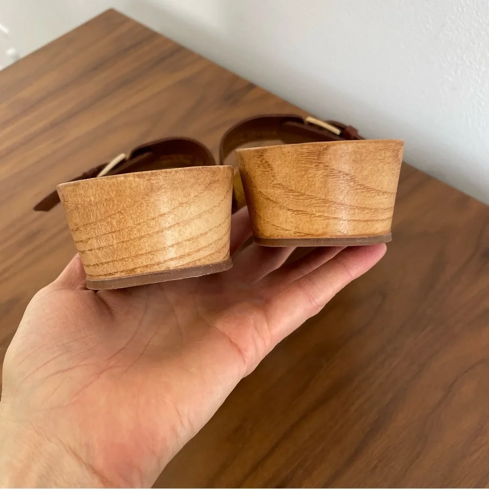 Zara flat leather sandals with wood effect soles cognac brown leather upper - Picture 5 of 11